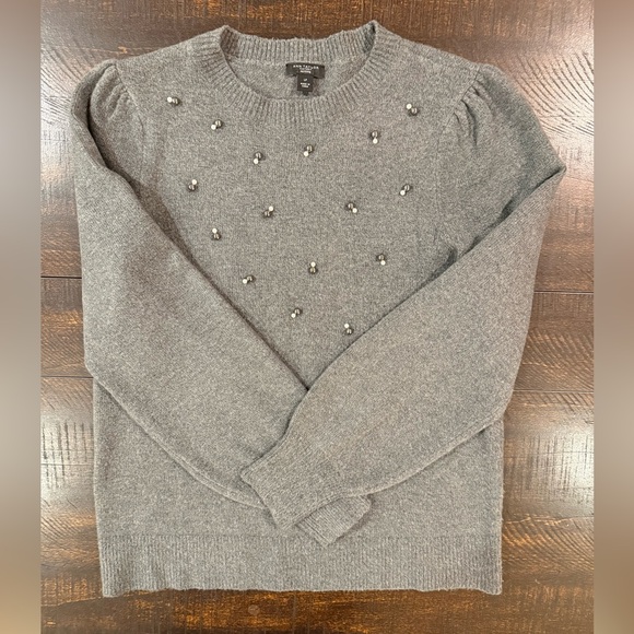 Ann Taylor Factory Pearl Rhinestone Embellished Gray Sweater Petite LP Soft Knit - Picture 9 of 10
